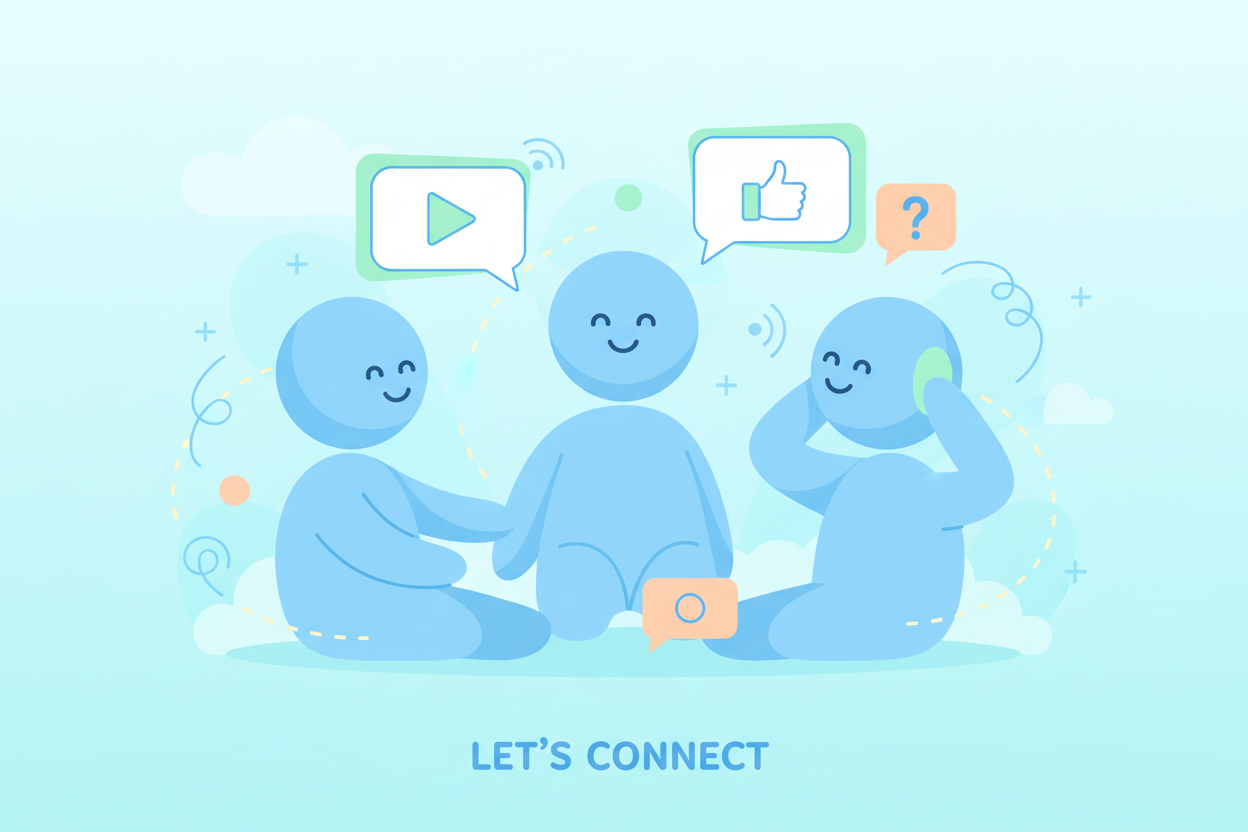 On Contact us page, it mentions "Contact us via social media for any inquires!". Give it an image aside with light blue as main color. Image style is 2D illustration that shows users can talk to us. Do not display any social media app brand icon.